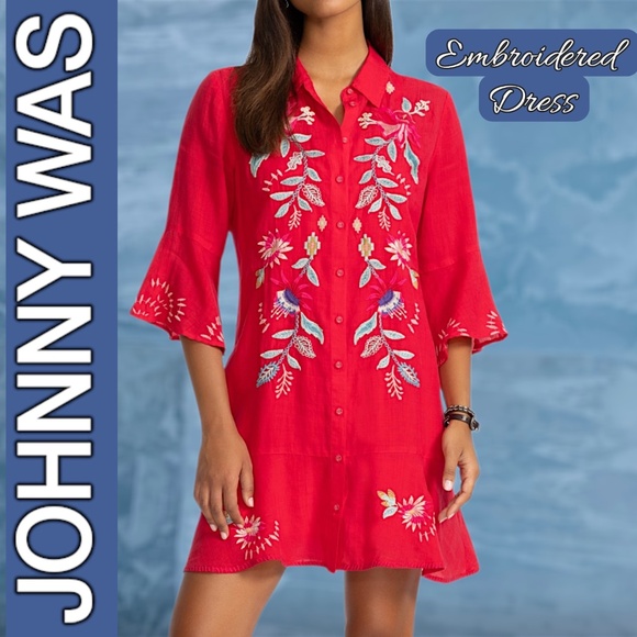 Johnny Was Red Talulla Ramie Fabric Embroidered Tiered Button Front Dress Nwt